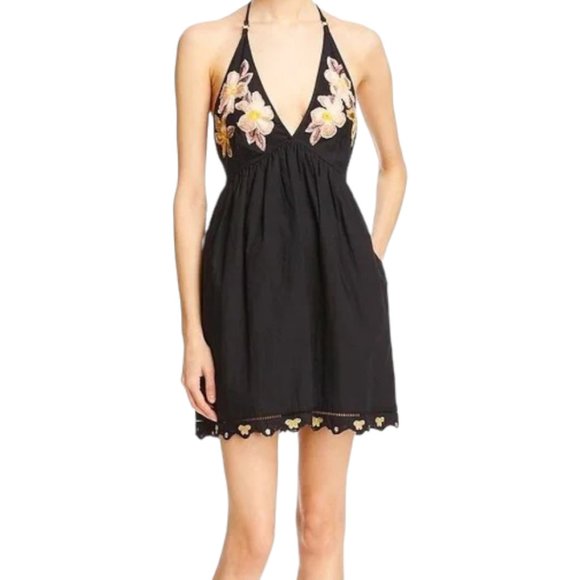 Free People Dresses & Skirts - Free People Love Flowers Black Halter Embroidered Pckets Mini Boho Dress Size S